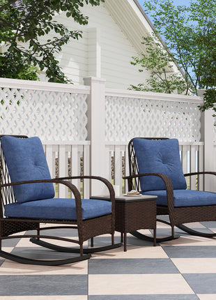 3 Piece Wicker Patio Furniture Set, Outdoor PE Rattan Rocking Chairs with Coffee Table, Cushions for Porch, Brown