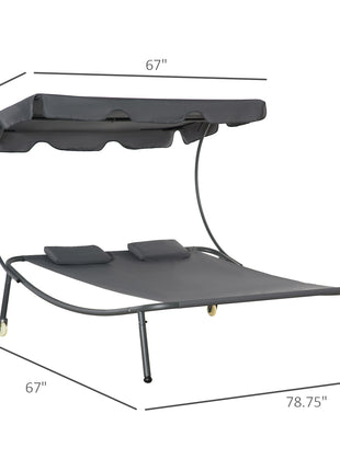 Patio Double Chaise Lounge Chair, Outdoor Wheeled Hammock Daybed with Adjustable Canopy and Pillow for Sun Room, Garden, or Poolside, Grey