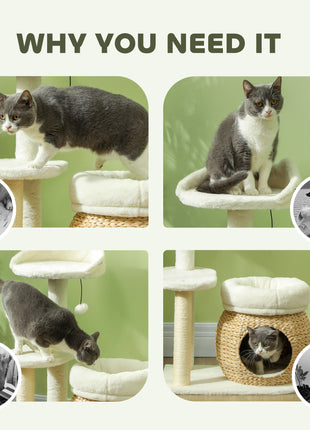 31" Cat Tree Tower with Scratching Posts, Cat Condo, Beds, Platform and Toy Ball for Indoor Cats, Cream White