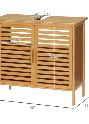 Freestanding Bathroom Sink Cabinet, Bamboo Under Sink Cabinet Cupboard Organizer with 2 Slatted Doors, Natural