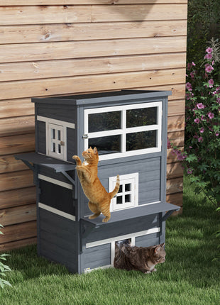 Cat House, Outdoor 3-Tier Kitty Shelter, Weather Resistant, w/ Escape Door