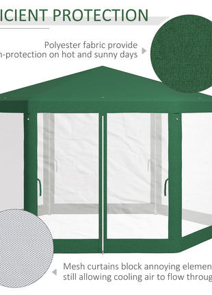 13' x 11' Outdoor Party Tent, Hexagon Sun Shade Shelter Canopy w/ Protective Mesh Sidewalls, Ropes & Stakes, Green