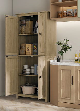 72" Freestanding Kitchen Pantry Cabinet, Farmhouse Tall Storage Cabinet with 4 Door Cabinets and Adjustable Shelves for Dining Room, Natural