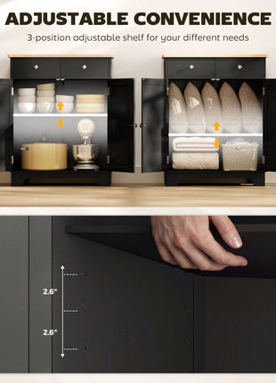 Kitchen Storage Cabinet, Sideboard Floor Cupboard with Solid Wood Top, Adjustable Shelf, and 2 Drawers, Black