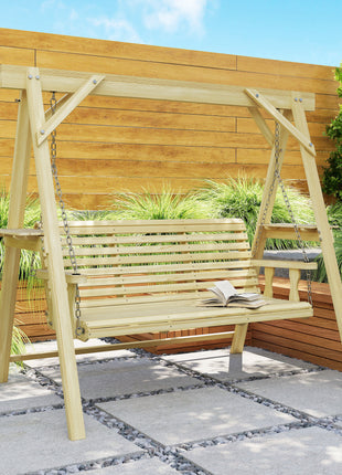 3 Seat Wooden Porch Swing with Stand, Patio Swing with Side Tables, for Garden, Poolside, Backyard, Natural Wood