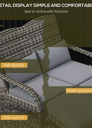 Wicker Adirondack Chair for 2 with Cushions & Footrests, PE Rattan Double Chaise Lounge Chair, Fire Pit Chair for Porch with High-back, Wide Armrests, Mixed Gray