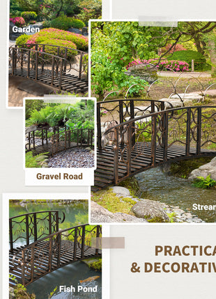 6' Metal Arch Backyard Garden Bridge with 660 lbs. Weight Capacity, Safety Siderails, Vine Motifs, Easy Assembly for Backyard Creek, Stream, Pond, Brown