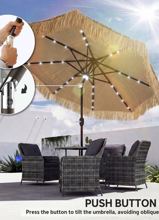 9 ft Hula Thatched Tiki Patio Umbrella with LED Solar Light, Outdoor Umbrella with Crank, Tilt, UPF30+, Khaki