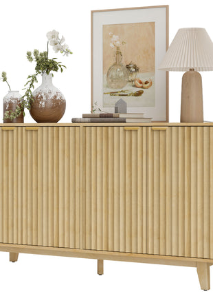 Fluted Sideboard Buffet Cabinet, 55" Coffee Bar Cabinet with 4 Doors, 2 Adjustable Shelves, 5 Wood Legs, Oak