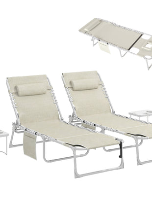 Tanning Chair Set of 2 with Face Hole and Side Table, 5-Position Folding Outdoor Chaise Lounge Chair, Beige