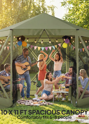 10 x 11 ft Pop Up Gazebo Screen Tent, Portable Instant Camping Canopy Screen House with Nettings, Carry Bag, Dark Green