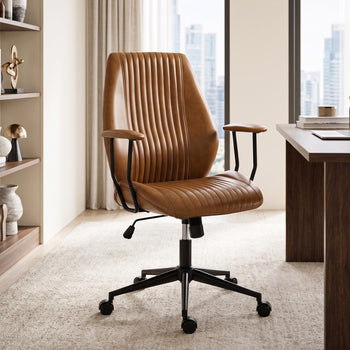 Leather Home Office Desk Chair, Vintage Computer Chair with Padded Arms, 360° Swivel, Adjustable Height, Tilt, Brown