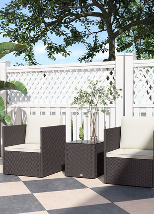Folding Wicker Bistro Set, 3 Piece Patio Furniture Set with Cushions and Glass Coffee Table for Porch, Balcony, Brown