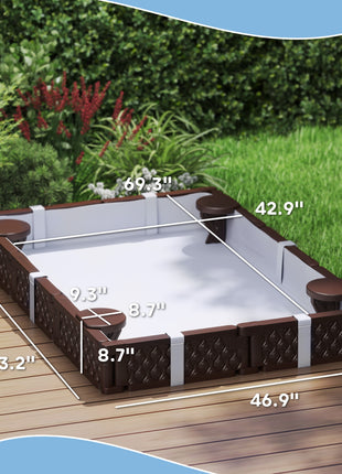 Kids Sandbox with Cover, 4 Corner Seats, Bottom Liner for Backyard, Garden, Outdoor, 73" x 47" x 9", Dark Brown