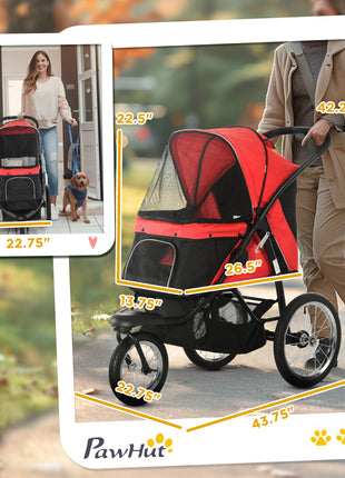 3 Wheels Pet Stroller for Small Dogs and Medium Dogs with Adjustable Canopy, Safety Tether, Storage Basket, Red