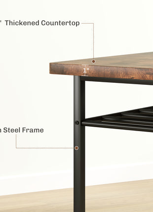 3-Piece Small Dining Table Set for 2, Kitchen Table and Chairs with Storage Rack and Steel Frame, Brown