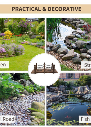 5 ft Wooden Garden Bridge Arc Footbridge with Metal Chain Railings & Solid Fir Construction, Carbonized