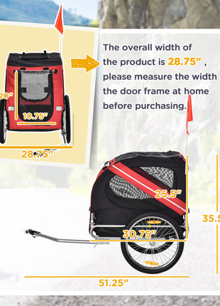Dog Bike Trailer, Pet Wagon Bicycle Trailer with Easy Folding Cart Frame, 20" Large Rubber Wheels, 3 Entrances, Mesh Screen, Pet Bike Trailer for Off-Road & Travel, Red and Black