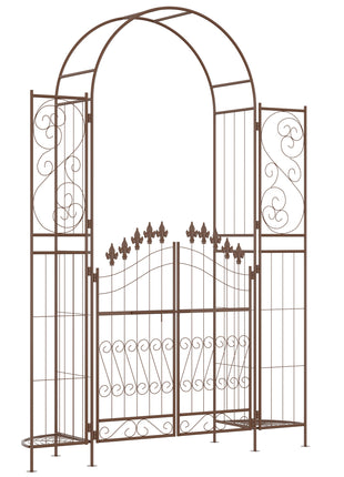 7' Metal Garden Arbor, Garden Arch with Gate, Fleur De Lis Motif, Latching Doors, Planter Shelves for Climbing Vines, Ceremony, Weddings, Party, Garden, Backyard, Lawn, Brown