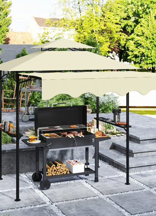 8' x 7.6' Outdoor Grill Gazebo, Barbecue Gazebo Shelter with Side Awning, 2 Side Shelves and 6 Hooks, Beige