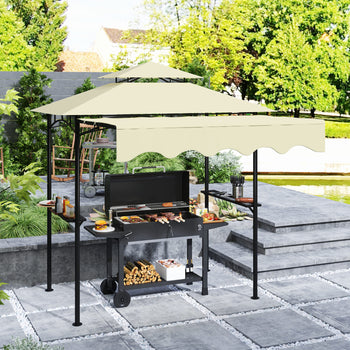 8' x 7.6' Outdoor Grill Gazebo, Barbecue Gazebo Shelter with Side Awning, 2 Side Shelves and 6 Hooks, Beige