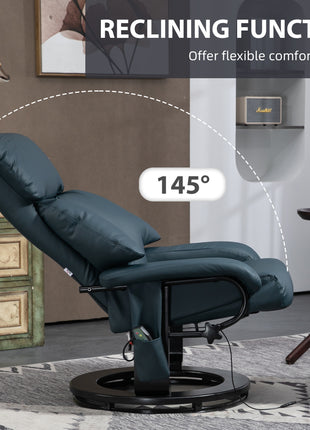 Swivel Recliner with Ottoman, Faux Leather Reclining Chair with Massage, Footstool Remote and Side Pocket, Blue