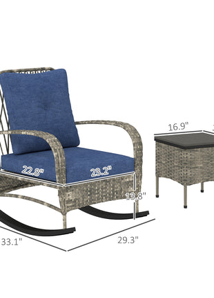 3 Piece Wicker Patio Furniture Set, Outdoor PE Rattan Rocking Chairs with Coffee Table, Cushions for Porch, Gray