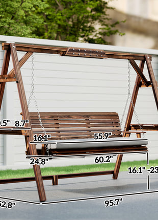 3 Seat Wooden Porch Swing with Stand, Patio Swing with Cushion, for Garden, Poolside, Backyard, Carbonized Brown