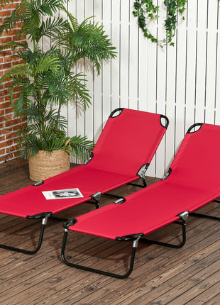 2 Piece Folding Chaise Lounge Pool Chairs, Outdoor Sun Tanning Chairs with 5-Level Reclining Back, Steel Frame, Red