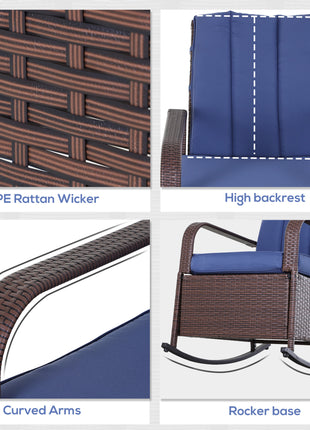 Outdoor Rattan Wicker Rocking Chair Patio Recliner with Soft Cushion, Adjustable Footrest, Max. 135 Degree Backrest, Blue