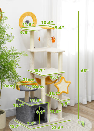 63 Inch Moon and Star Themed Cat Tree with Scratching Post, Hammock, Condo, Bed, Scratching Board & Cat Toys, Beige