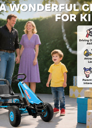 Kids Go Kart, Pedal Car with Adjustable Seat, EVA Wheels, Brake, for Boys & Girls Aged 3-8 Years Old, Blue