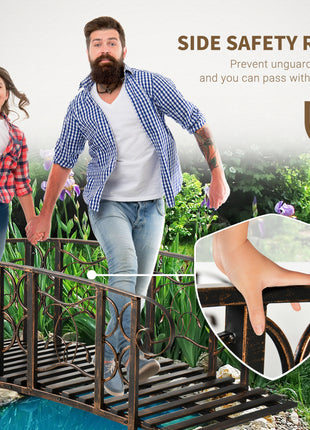 6' Metal Arch Backyard Garden Bridge with 660 lbs. Weight Capacity, Safety Siderails, Vine Motifs, Easy Assembly for Backyard Creek, Stream, Pond, Brown