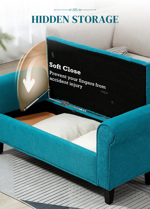 50 Inches Storage Ottoman, End of Bed Bench with Rolled Arms, Wood Legs, Button Tufted Storage Bench, Teal