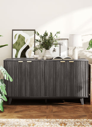 Fluted Sideboard Buffet Cabinet, 55" Coffee Bar Cabinet with 4 Doors, 2 Adjustable Shelves, 5 Wood Legs, Dark Gray