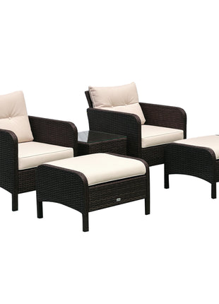 5 Pieces Rattan Wicker Lounge Chair Outdoor Patio Conversation Set with 2 Cushioned Chairs, 2 Ottomans and Tempered Glass Top Coffee Table