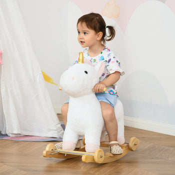 2 in 1 Kids Rocking Horse, Rolling Unicorn with Sound, Wooden Base, Pedal, Grip Handle, for 3-6 Years Old, White