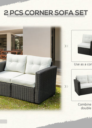 2 Piece Patio Wicker Corner Sofa Set, Outdoor PE Rattan Furniture, with Curved Armrests and Padded Cushions for Balcony, Garden, or Lawn, Beige