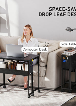 Folding Computer Desk, Foldable Desk with Storage Bag, Shelf and Wheels for Small Spaces, Home Office, Black