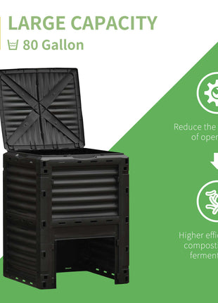 Garden Compost Bin 80 Gallon Outdoor Large Capacity Composter Fast Create Fertile Soil Aerating Box, Easy Assembly, Black