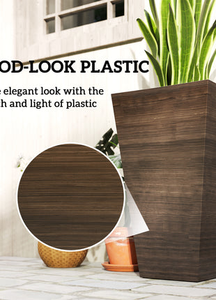 Set of 3 Tall Planters, 28" Outdoor Planter w/ Drainage Holes, Faux Wood Plastic Flower Pots, Brown