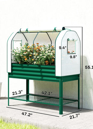 Galvanised Raised Garden Bed with Greenhouse Cover, Metal Elevated Garden Bed with Bed Liner, Bottom Shelf, Green