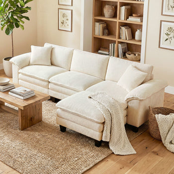 Sectional Sofa, L Shaped Couch with Deep Seat, Movable Ottoman and Pillow-top Armrests, Beige