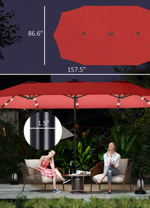 13ft Double-Sided Market Umbrella, Large Patio Umbrella with Solar Lights, Crank Handle for Garden, Pool, Yard, Wine Red