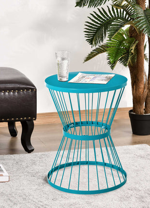 16" Steel Patio Side Table, Garden End Table with Hourglass Design, Accent Table for Outdoor and Indoor Use, Blue