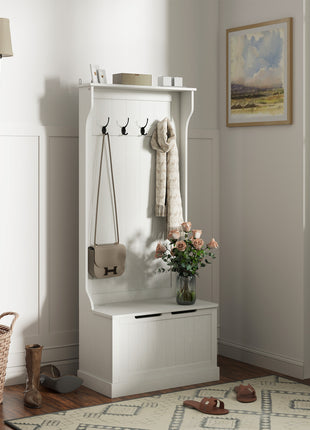 Hall Tree with Coat Rack, Storage, and Sitting Bench, Cream White