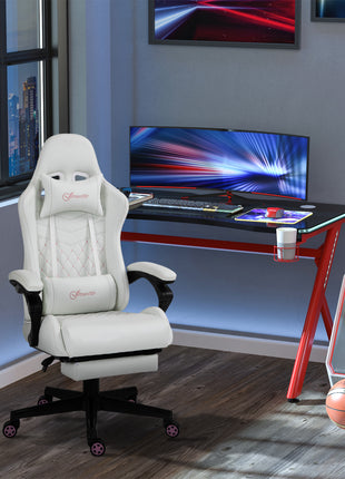 High Back PU Leather Gaming Chair, Racing Computer Chair with Swivel Wheels, Retractable Footrest, Headrest, Lumbar Support, and Armrest, White and Pink