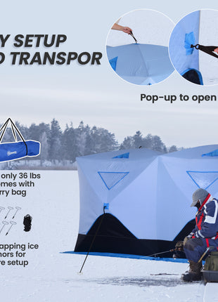 8 Person Ice Fishing Shelter, Pop-Up Ice Shanty Tent, Insulated Portable Tent with 2 Doors & Carrying Bag, Light Blue