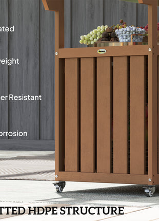 Outdoor Bar Cart with Storage, Stainless Steel Outdoor Bar Table Top, Wheeled HDPE Kitchen Island for Food Prep, Brown