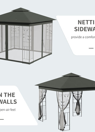 10' x 10' Metal Patio Gazebo, Double Roof Outdoor Gazebo Canopy Shelter with Tree Motifs Corner Frame and Netting, for Garden, Lawn, Backyard, and Deck, Gray